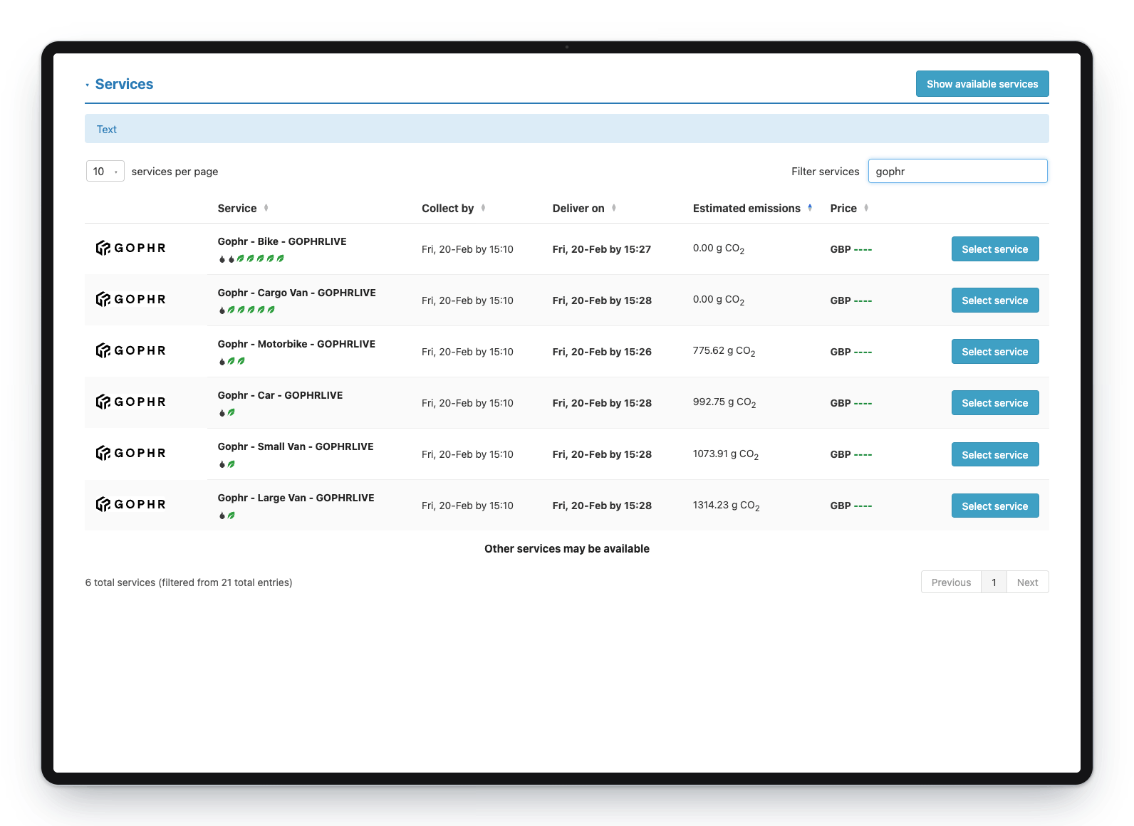 Gophr services shown inside Metafour, ready to book